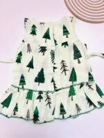 Green Pine Tree Print Muslin Frill Top for Baby Girls - Back Button Frock - Image 3