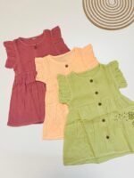 Muslin Front  Button Sleeve Frock with Embroidery– Orange - Image 4