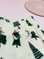 Green Pine Tree Print Muslin Frill Top for Baby Girls - Back Button Frock - Image 2