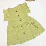 Muslin Front  Button Sleeve Frock with Embroidery – Green