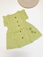 Muslin Front  Button Sleeve Frock with Embroidery – Green