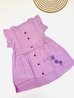 Muslin Front  Button Sleeve Frock with Embroidery – Lilac - Image 2