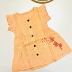 Muslin Front  Button Sleeve Frock with Embroidery– Orange