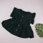 Dark Green Muslin Baby Frock with Wooden Buttons – Soft & Stylish