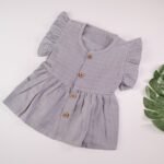 Grey Muslin Baby Frock with Wooden Buttons – Soft & Stylish