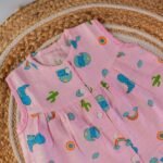 Pink - Blue Dino  Muslin Frock - Image 2