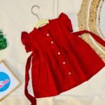 Red Muslin Baby Frock with Wooden Buttons – Soft & Stylish
