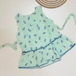 Mint Green Crown Print Muslin Frill Top for Baby Girls - Back Button Frock