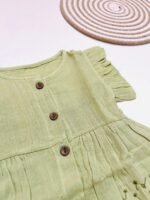 Muslin Front  Button Sleeve Frock with Embroidery – Green - Image 2