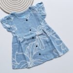 Elegant Sky Blue Muslin Frock with White Floral Print for Girls - Soft, Breathable & Stylish