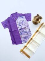 Lavender Silk Panel Shirt with White Pattu Dhoti for Boys – Traditional Festive Set - Image 2