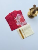 Red Silk Panel Shirt with White Pattu Dhoti for Boys – Traditional Festive Set