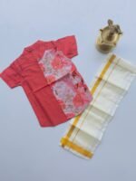 Red Silk Panel Shirt with White Pattu Dhoti for Boys – Traditional Festive Set - Image 2