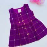 Royal Purple Ethnic Butta Sleeveless Silk Baby Frock With Wooden Buttons