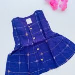 Blue Ethnic Butta Sleeveless Silk Baby Frock With Wooden Buttons