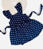 Cute navy blue polka dot frock with frilled straps - Back Button Frock