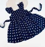 Cute navy blue polka dot frock with frilled straps - Back Button Frock - Image 2