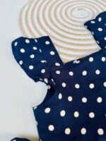 Cute navy blue polka dot frock with frilled straps - Back Button Frock - Image 3
