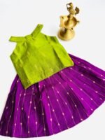 Traditional Raw Silk Pattu Frock Set for Girls – Green & Purple with Back Bow Design - Image 4