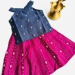 Traditional Raw Silk Pattu Frock Set for Girls – Blue & Magenta with Back Bow Design