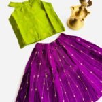 Traditional Raw Silk Pattu Frock Set for Girls – Green & Purple with Back Bow Design