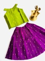 Traditional Raw Silk Pattu Frock Set for Girls – Green & Purple with Back Bow Design