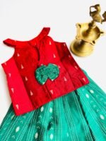 Traditional Raw Silk Pattu Frock Set for Girls – Red & Green with Back Bow - Image 3