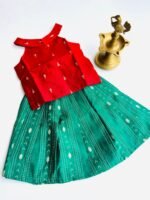 Traditional Raw Silk Pattu Frock Set for Girls – Red & Green with Back Bow - Image 2