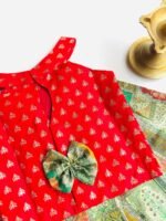 Traditional Raw Silk Pattu Frock Set for Girls – Red & Green with Back Bow - Image 3