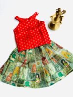 Traditional Raw Silk Pattu Frock Set for Girls – Red & Green with Back Bow