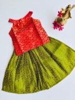 Banarasi Pattu Pavadai Set - Red & Olive Green - Image 3