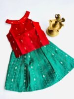 Traditional Raw Silk Pattu Frock Set for Girls – Red & Green with Back Bow