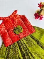 Banarasi Pattu Pavadai Set - Red & Olive Green - Image 2