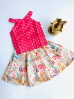 Raw Silk & Cotton Printed Frock Set for Girls – Pink & Cream with Back Bow Design
