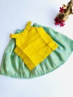 Banarasi Pattu Pavadai Set - Mustard Yellow & Mint Green - Image 3