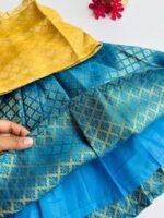 Banarasi Pattu Pavadai Set - Golden Yellow & Peacock Blue - Image 4