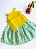 Banarasi Pattu Pavadai Set - Mustard Yellow & Mint Green - Image 4